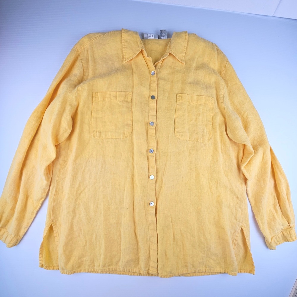 Chicos Design Vintage Yellow 100% Linen Button Down Shirt Womens Size 3 Y2K 90s